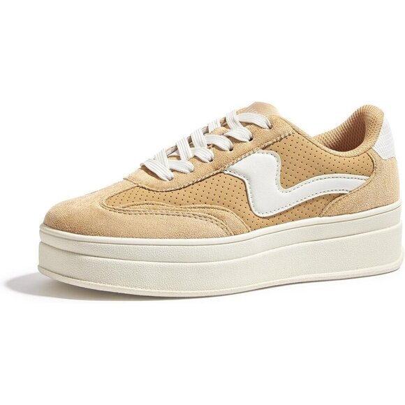 Shoes - Women Platform CamelWhite Sneaker Thick Sole Suede Leather Low Top Walking Shoes